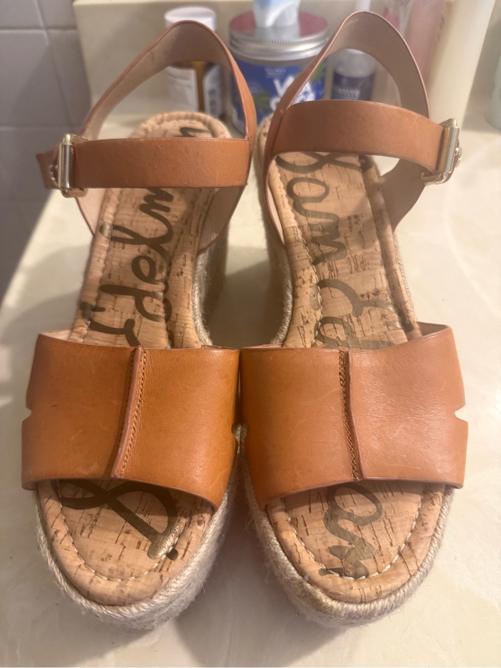 Sam Edelman Cognac Leather Espadrille Wedge Sandals
